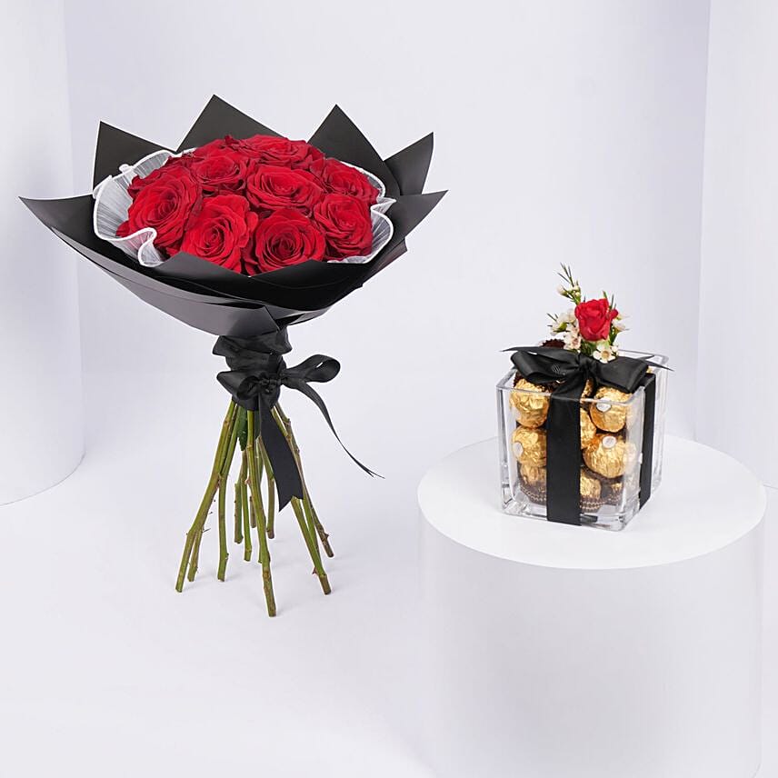 Red Roses Bouquet With Ferrero Rocher Chocolates: Send Gifts to Saudi Arabia