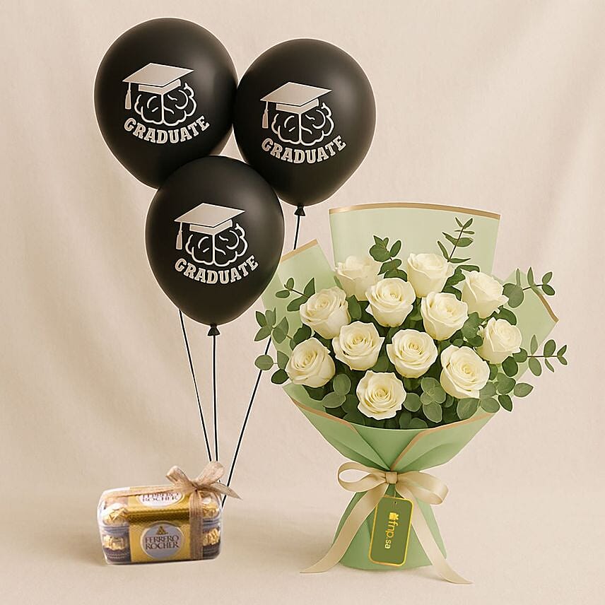 White Roses With Ferrero Chocolates N Graduation Balloons: 