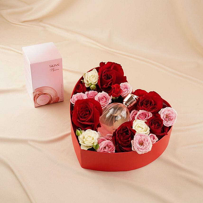 skinn noura perfume for her with roses heart box: Valentines Day Gifts to Saudi Arabia