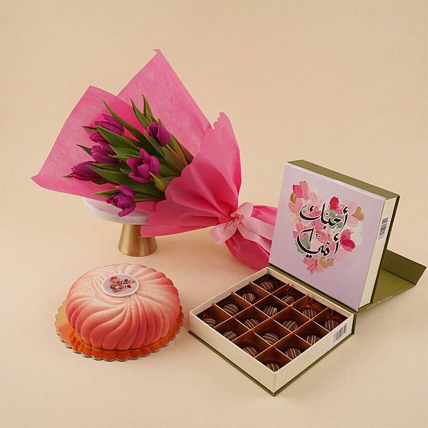Mothers Day Tulip Bouquet With Cake Chocolates: 
