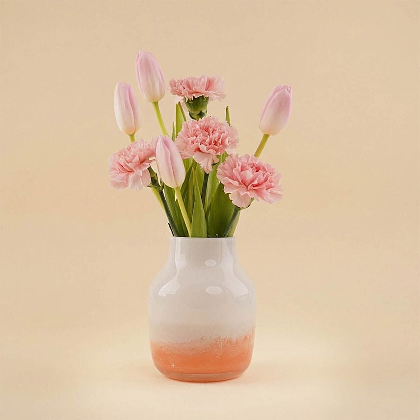 Pink Tulips Carnations Vase: Mothers Day Gifts in Saudi Arabia