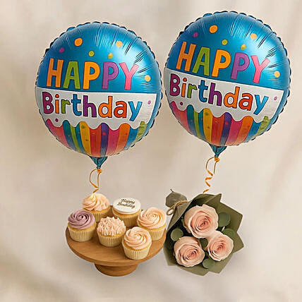 Birthday Festive Cupcake Set With Balloons N Roses: 