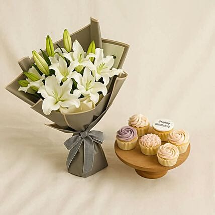 Birthday White Lily Bouquet N Cupcakes Combo: 