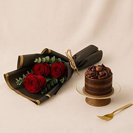Chocolate Mini Cake N Red Rose Flower Bouquet: Send Gifts to Saudi Arabia