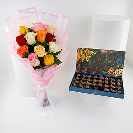 Diplomatic Caramel Chocolate Box N Colorful Rose Bouquet: هدايا رمضان في السعودية