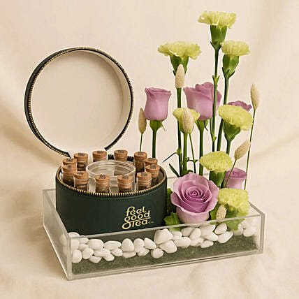 Feel Good Tea Leather Box N Flower Tray: Fathers Day Gifts to Saudi Arabia