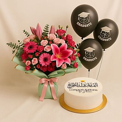 Grand Graduation Pink Flower Bouquet With Cake N Balloons: Gifts To Mecca