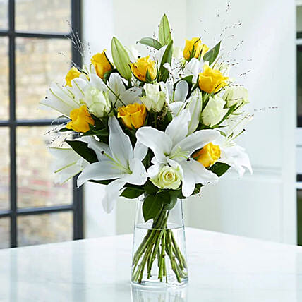 Lilies And Yellow Roses: Send Birthday Flowers to Saudi Arabia