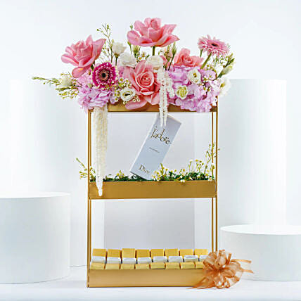 Luxurious Floral Stand With Dior Perfume N Chocolates Combo: Send Gift Combos to Saudi Arabia