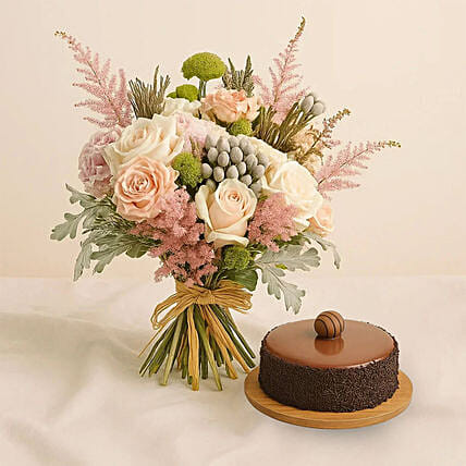 Pastel Petals Flower Bouquet With Chocolate Cake: Fathers Day Gifts to Saudi Arabia
