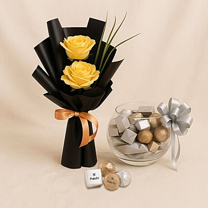 Patchi Chocolate Bowl N Yellow Rose Flower Bouquet: 