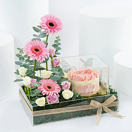 Pink Blush Flower and Cake Tray: Send Gifts to Saudi Arabia