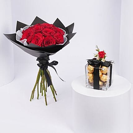 Red Roses Bouquet With Ferrero Rocher Chocolates: Send Gifts to Saudi Arabia