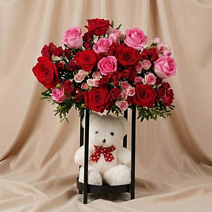 Valentine Rose Stand n Love Teddy Bear: Valentines Day Gifts to Saudi Arabia