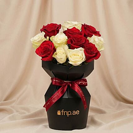 Red & White Love Roses Flower Bouquet: Send Valentines Day Gifts to Saudi Arabia