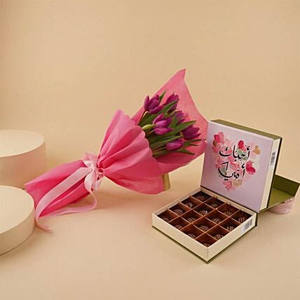 Purple Tulip Bouquet With Chocolate For Mom: 