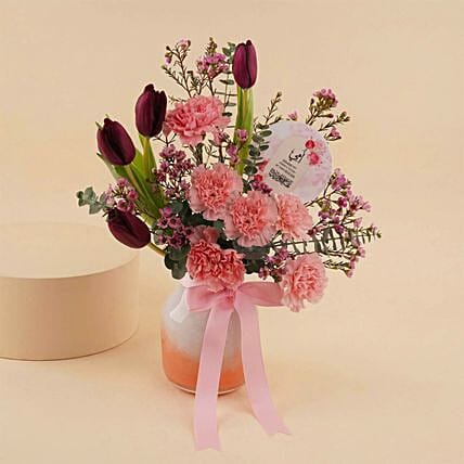 Tulips Carnations Mothers Premium Vase: Mothers Day Gifts in Saudi Arabia