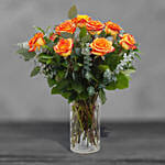 12 Beautiful Orange Roses Glass Vase Arrangement