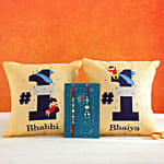 Blue Lumba Rakhi Set And 2 Bhaiya Bhabhi Cushions