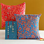 Blue Lumba Rakhi Set And 2 Floral Print Cushions