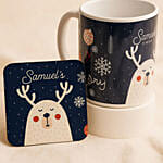 Cute Reindeer Name Personalized Mug N Coaster Blue