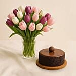 Dazzling Tulip Vase With Chocolate Cake