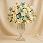 Deluxe Roses N Sky Blue Tulips Vase