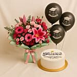 Grand Graduation Pink Flower Bouquet With Cake N Balloons