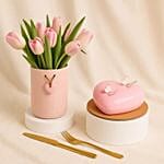 Pink Tulip Vase N Heart Shape Cake
