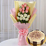 Pink White Roses & Tiramisu Cake 4 Portions