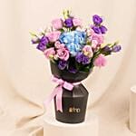 Purple Rose With Blue Hydrangea In Elegant Sleeve