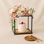 Vanilla Tall Cake N Flower Arrangement