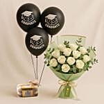 White Roses With Ferrero Chocolates N Graduation Balloons