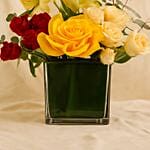 Yellow Lily N Roses Square Vase