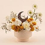 Ramadan White Flowers In Gold Crescent Vase