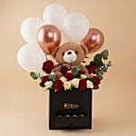 Teddy N Balloons Flower Box With Chocolates