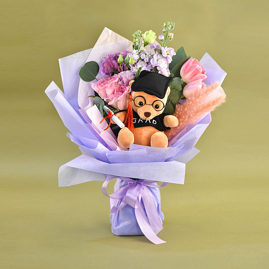 Cute Graduation Teddy & Fresh Flowers Bouquet: Flower Delivery Singapore