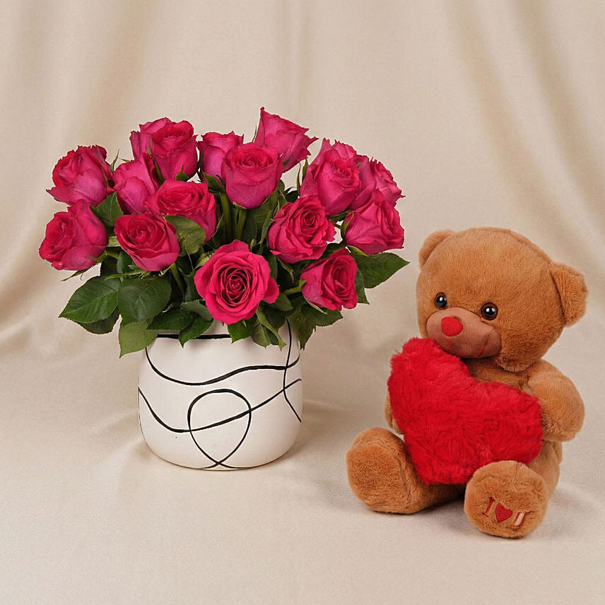 Romantic Dark Pink Roses n Teddy: 