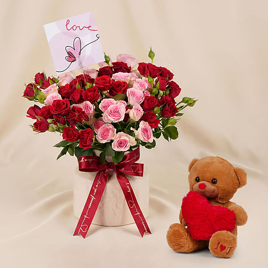 Spray Roses in Premium Ceramic Vase and Teddy Bear Gift Set: هدايا عيد الحب سنغافورة