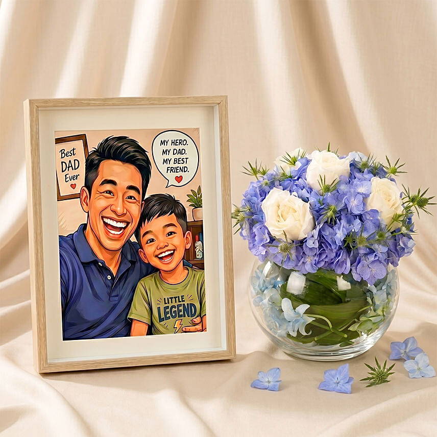 Personalised Father's Day Frame & Blue Hydrangea Glass Bowl Set: 