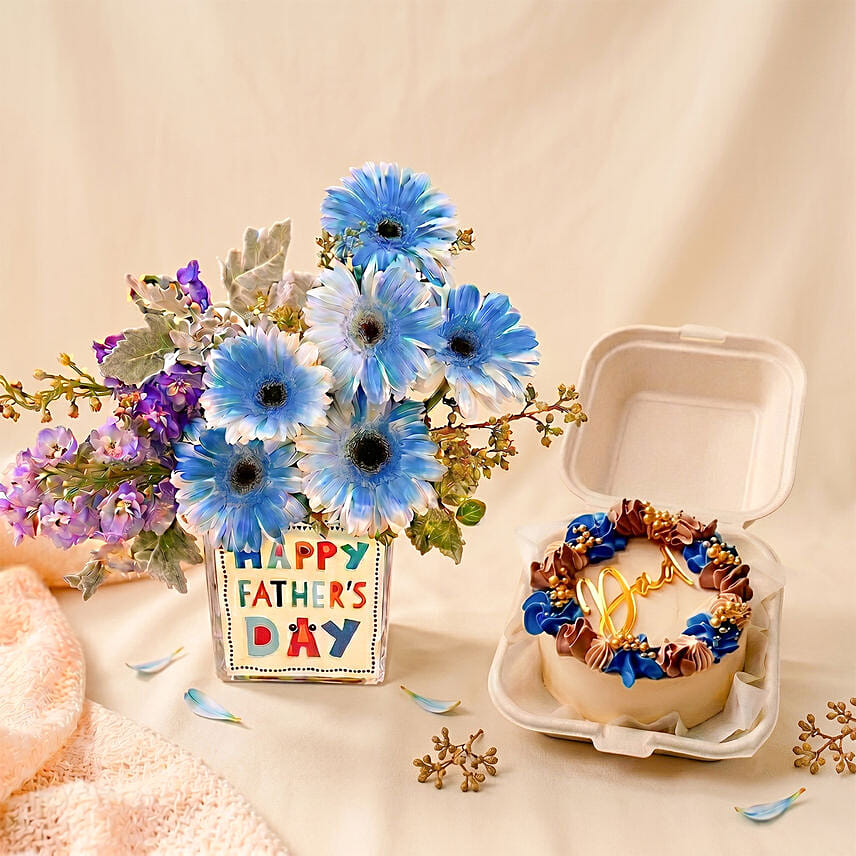 Father's Day Blue Gerbera Vase & Bento Cake Set: Fathers Day Gifts to Singapore