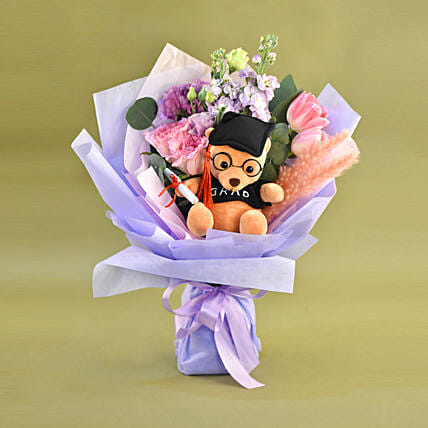 Cute Graduation Teddy & Fresh Flowers Bouquet: Flower Delivery Singapore
