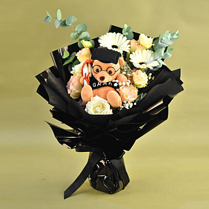 Graduation Teddy & Mixed Flowers Premium Bouquet: Flower Delivery Singapore