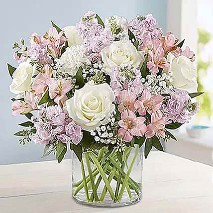 Pink With White Floral Bunch In Glass Vase: Gift Delivery Singapore