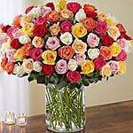 Bunch of 99 Mixed Roses In Glass Vase