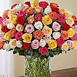 Bunch of 99 Mixed Roses In Glass Vase