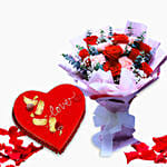Mixed Flower Bouquet With Red Velvet Heart Shaped Cake