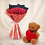 35 Dark Pink Roses Valentine's Bouquet with Teddy Bear