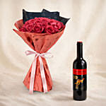 35 Dark Pink Roses Valentine's Day Bouquet with Wine