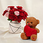 Blush of Love Roses with Teddy Bear
